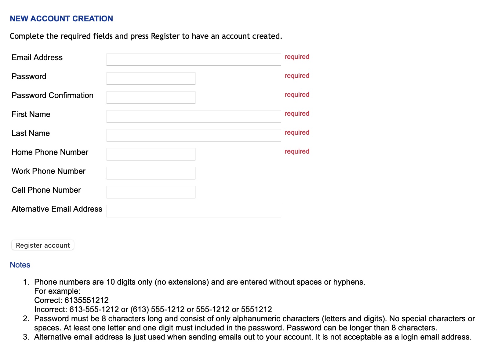 Empty account registration form